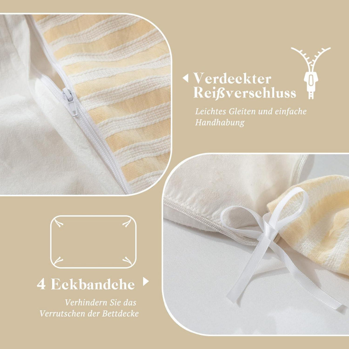 Bettwäsche-Set 135x200 Baumwolle Gestreift Gelb & Weiß 4tlg.