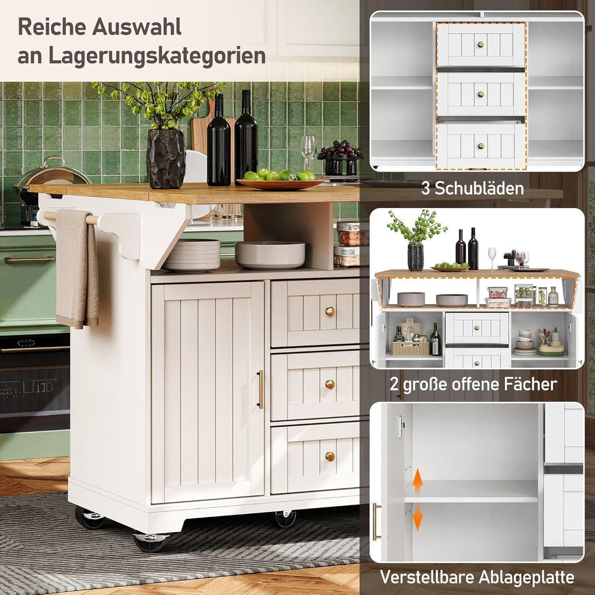 Ausziehbarer Küchenwagen mit Rollen | Weiß & Holzoptik