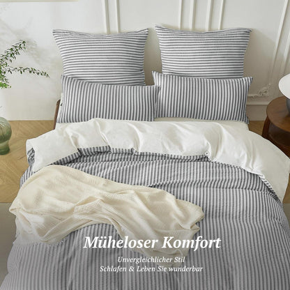 Bettwäsche-Set 135x200 Baumwolle Gestreift Dunkelgrau & Weiß 4tlg.