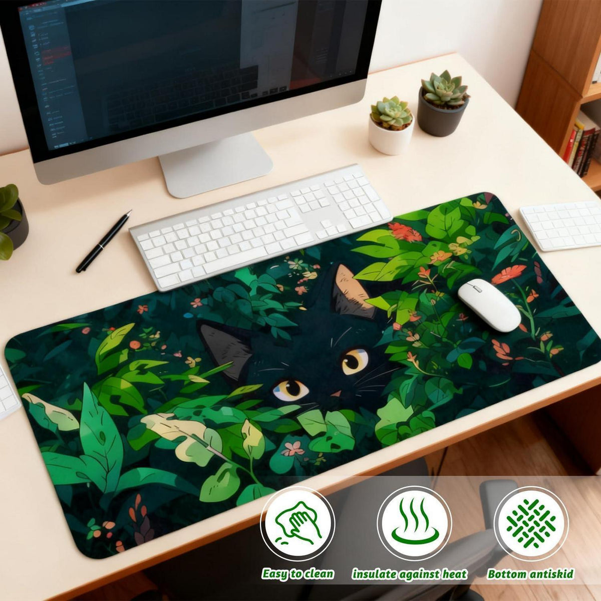 Großes Gaming Mauspad 80x30cm – Niedliche Katze & Grün