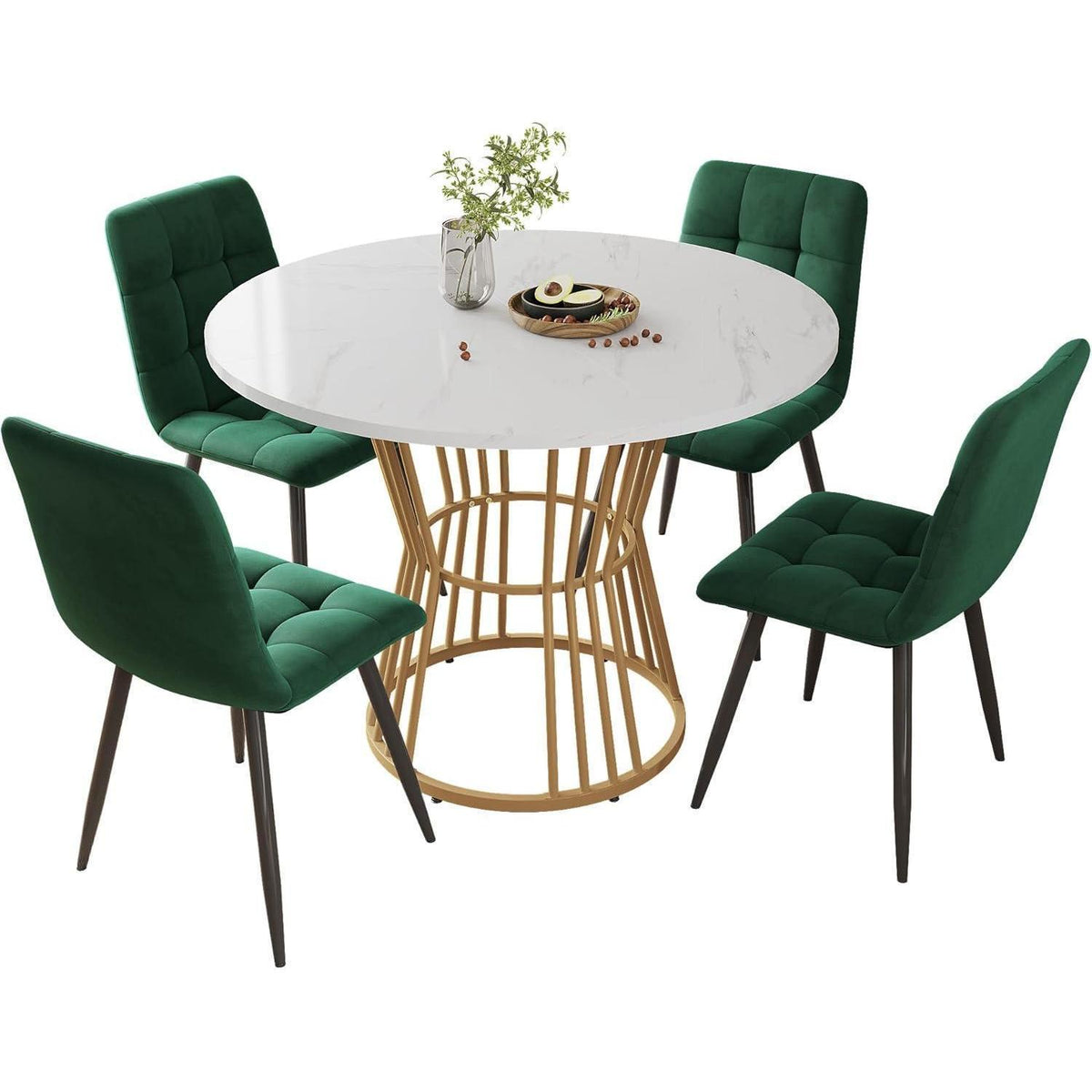 5-teiliges Esstisch Set Grün + Gold – Modernes Esszimmer