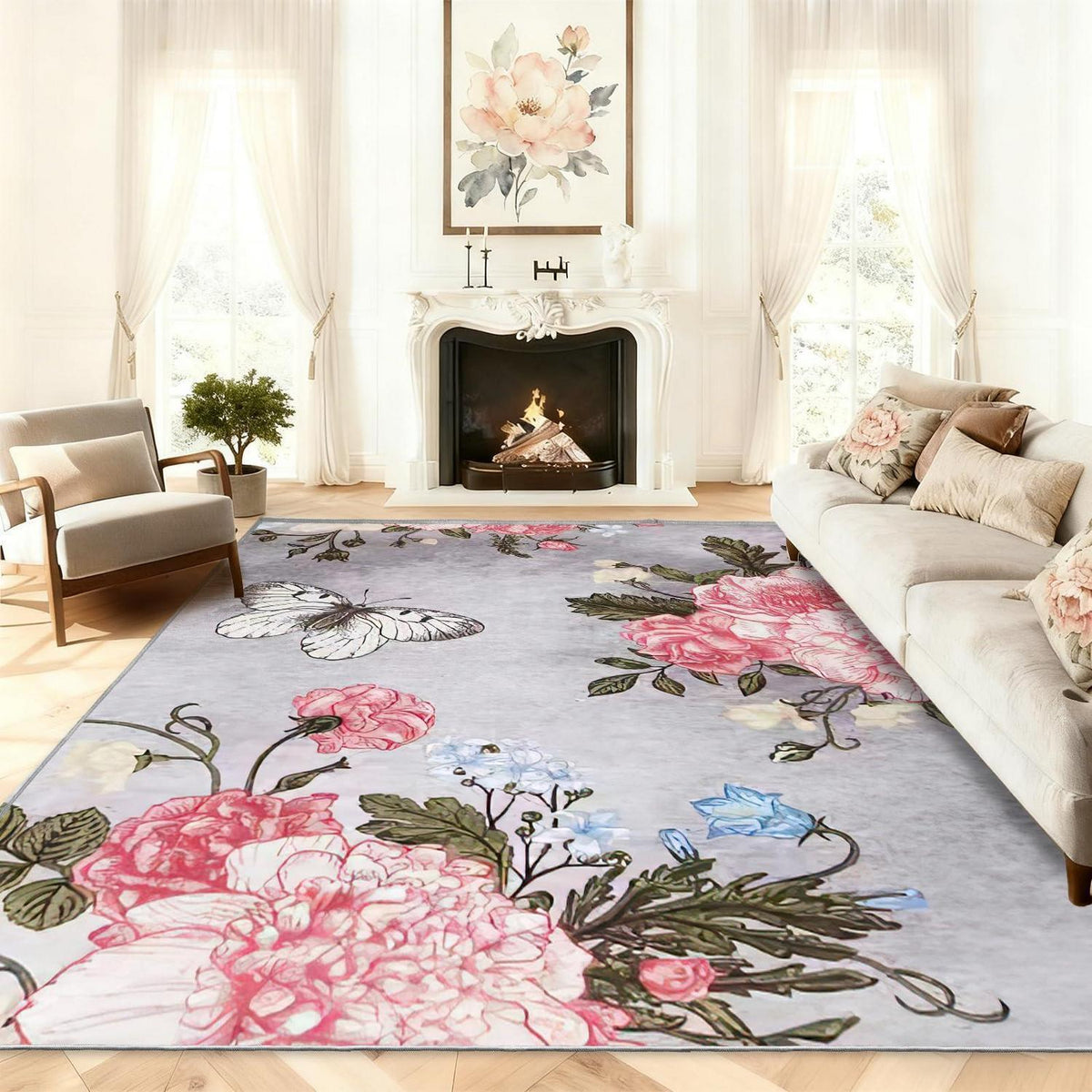 Waschbarer Kurzflor Teppich 200x300cm Schmetterlingsblumen Grau