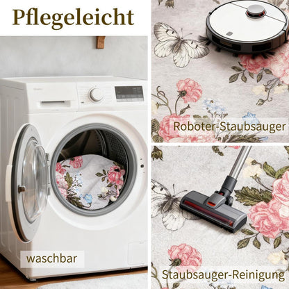 Waschbarer Kurzflor Teppich 180x280cm Schmetterlingsblumen Grau