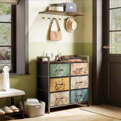 Kommode mit 6 Schubladen, Vintage-Blumenmuster, Rustikales Braun