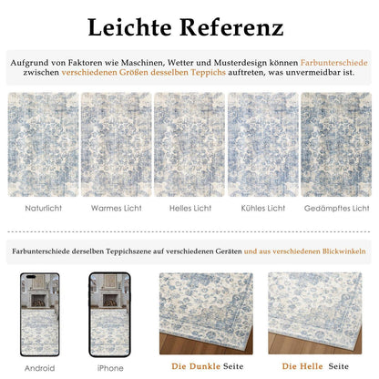 Vintage Teppich Blau 200x300cm - Waschbarer Wohnzimmerteppich