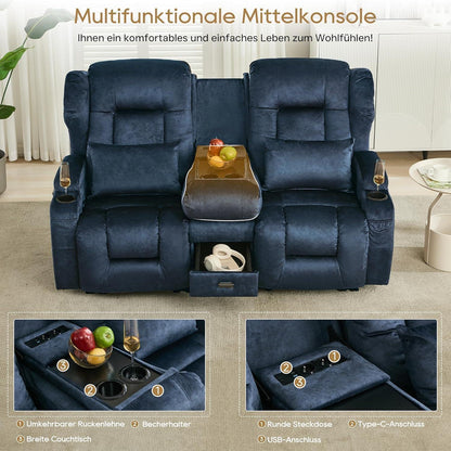 2er Relaxsessel mit Liegefunktion & Konsole – Blau
