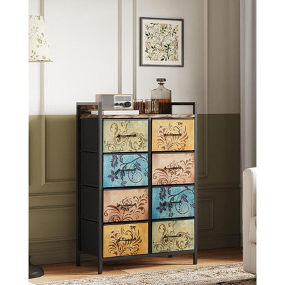 Kommode mit 8 Schubladen, Vintage-Blumenmuster, Rustikales Braun