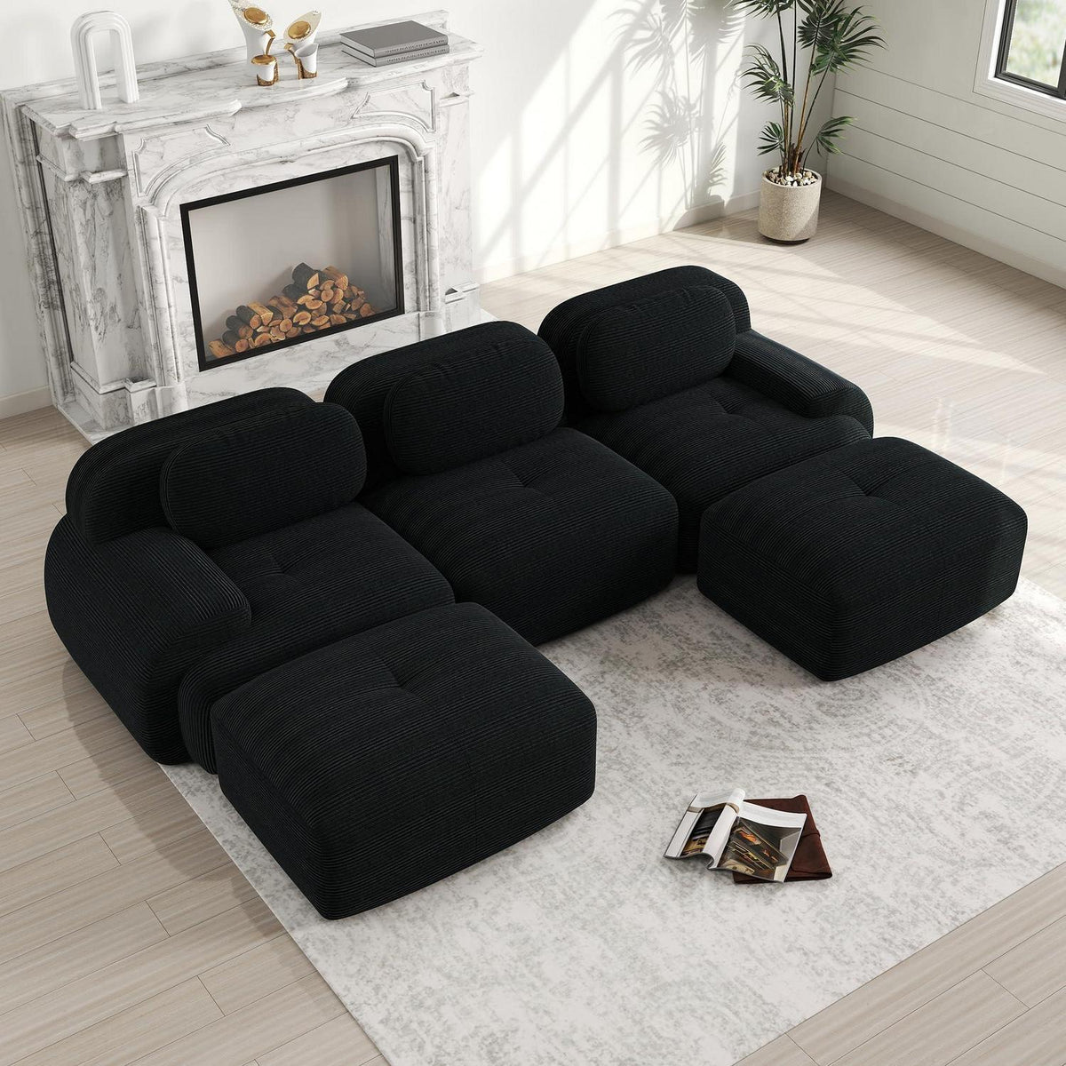 Modulares 3-Sitzer Cord Sofa mit Ottomane – Schwarz