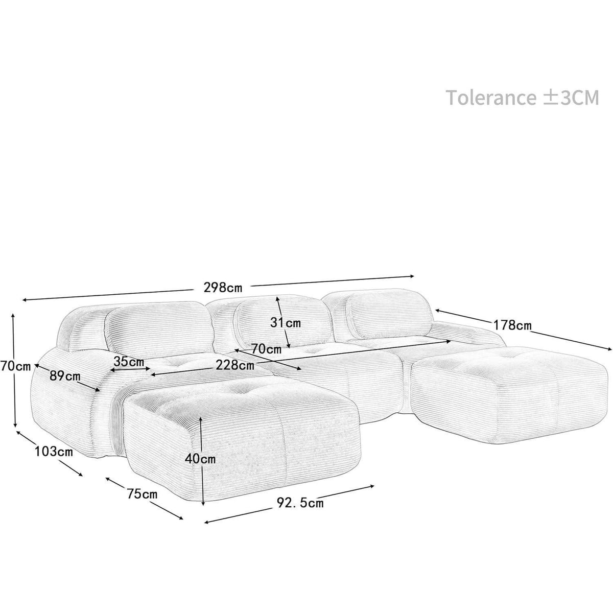 Modulares 3-Sitzer Cord Sofa mit Ottomane – Schwarz
