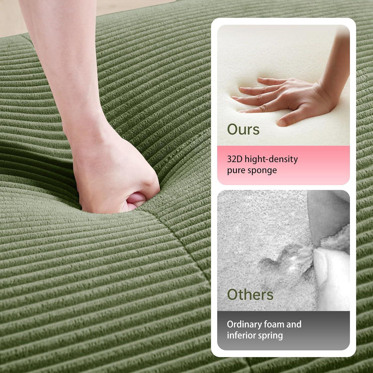 Modulares Cord Sofa 2-Sitzer mit Ottomane – Grün