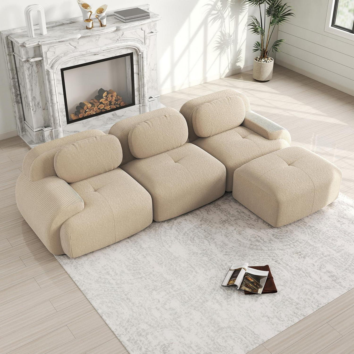 Modulares Cord Sofa 3-Sitzer mit Ottomane – Beige