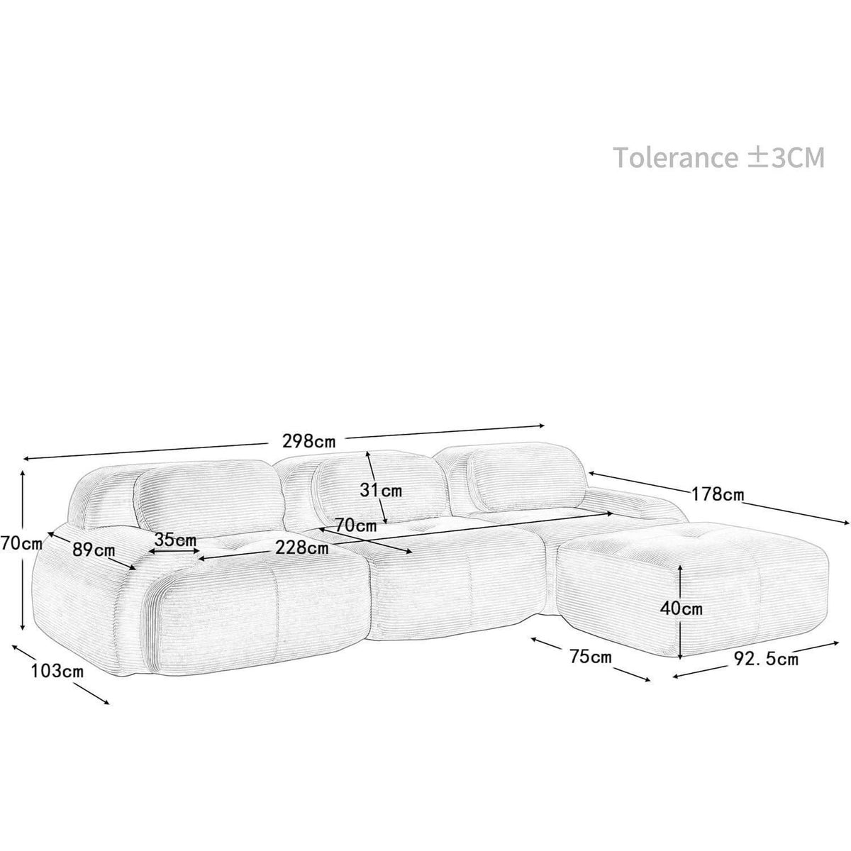 Modulares Cord Sofa 3-Sitzer mit Ottomane – Beige