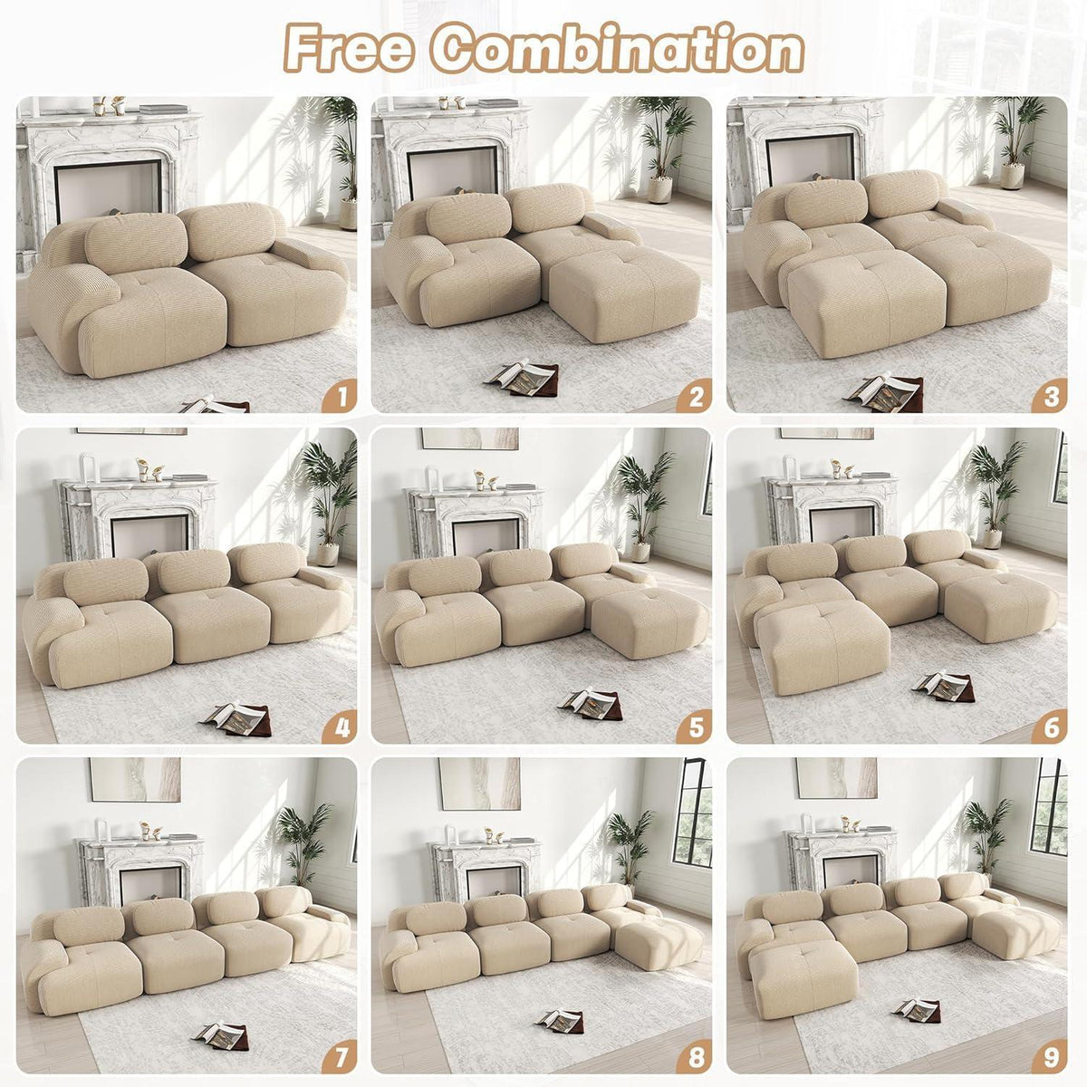 Modulares Cord Sofa 3-Sitzer mit Ottomane – Beige