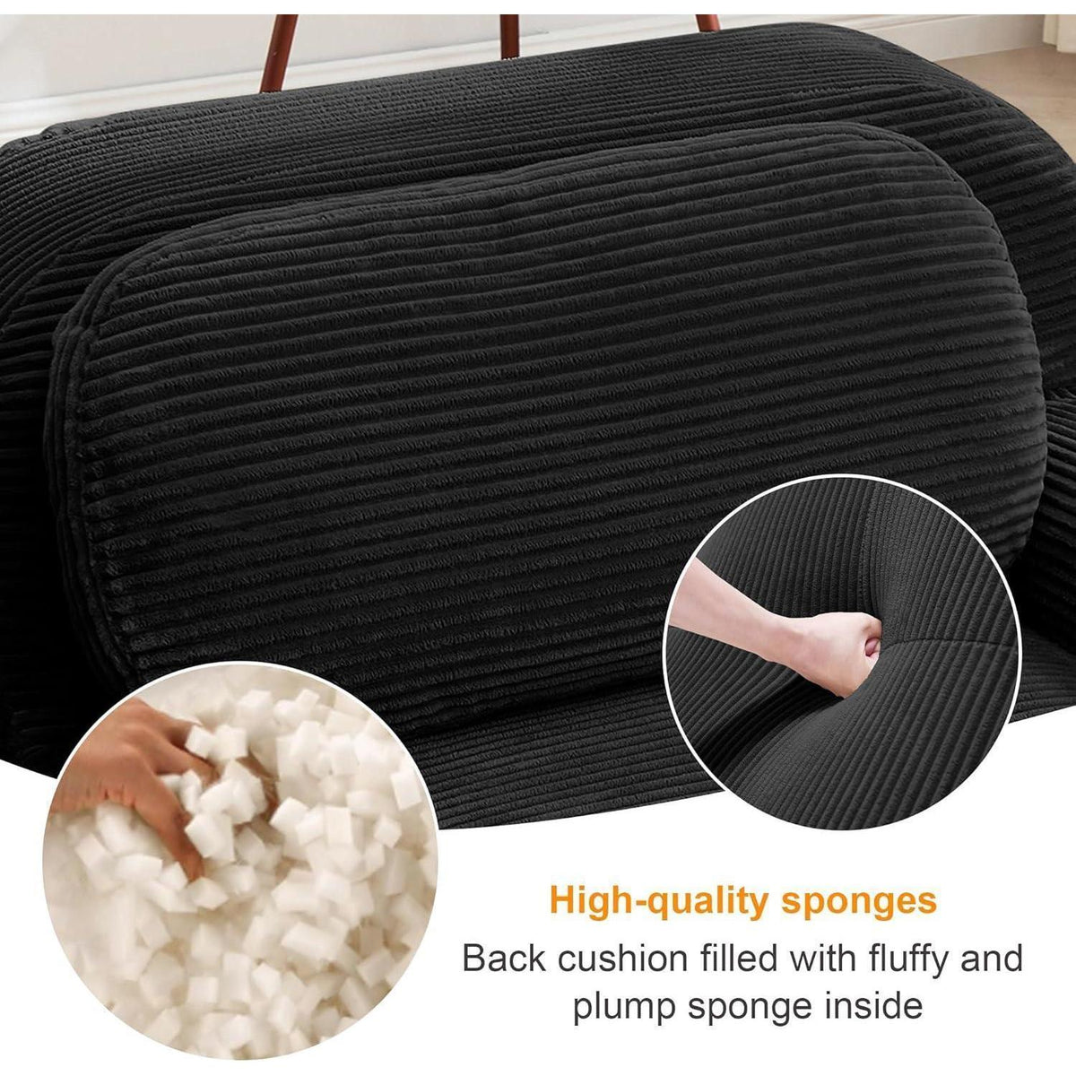 Modulares 2-Sitzer Cord Sofa mit Ottomane – Schwarz