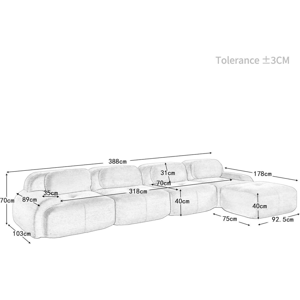 Modulares Cord Sofa 4-Sitzer mit Ottomane – Grau