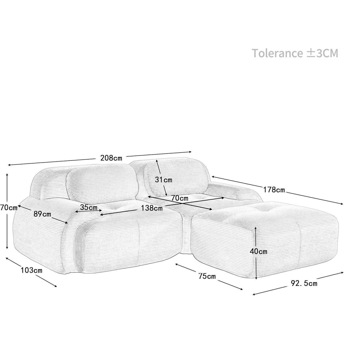 Modulares Cord Sofa 2-Sitzer mit Ottomane – Beige