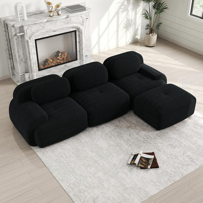 Modulares 3-Sitzer Cord Sofa mit Ottomane – Schwarz