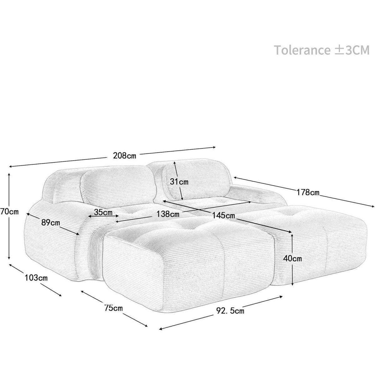 Modulares 2-Sitzer Cord Sofa mit Ottomane – Beige
