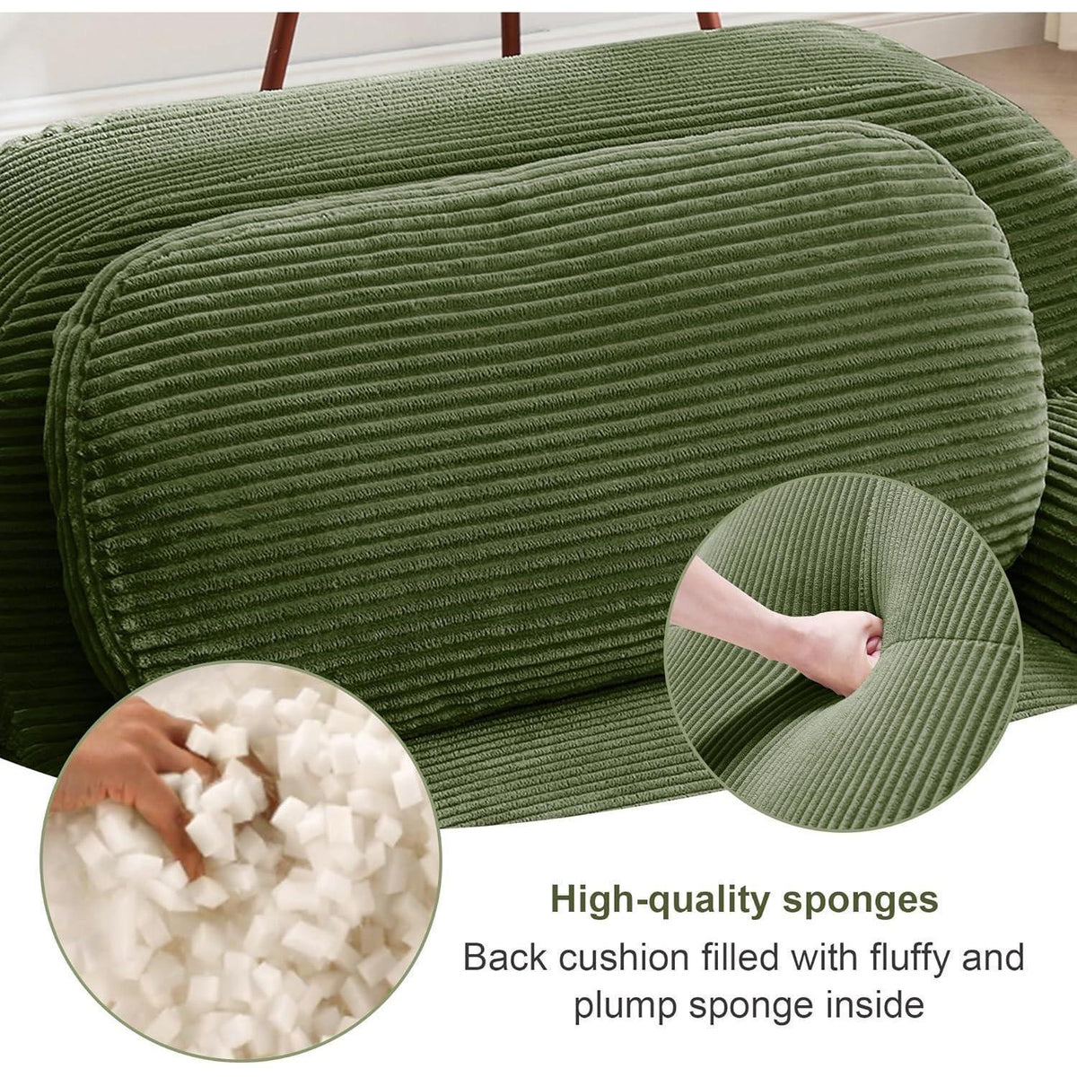 Modulares 2-Sitzer Cord Sofa mit Ottomane – Grün