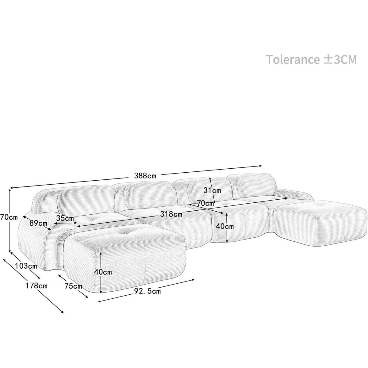 Modulares Cord Sofa 4-Sitzer mit Ottomane – Beige