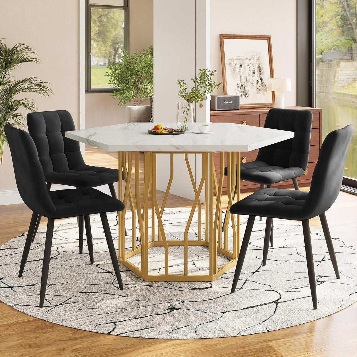 Sechseckiger Esstisch Set Schwarz Gold – 5-teilig, 115x100cm