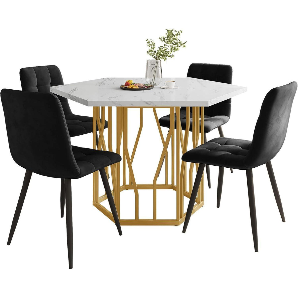 Sechseckiger Esstisch Set Schwarz Gold – 5-teilig, 115x100cm