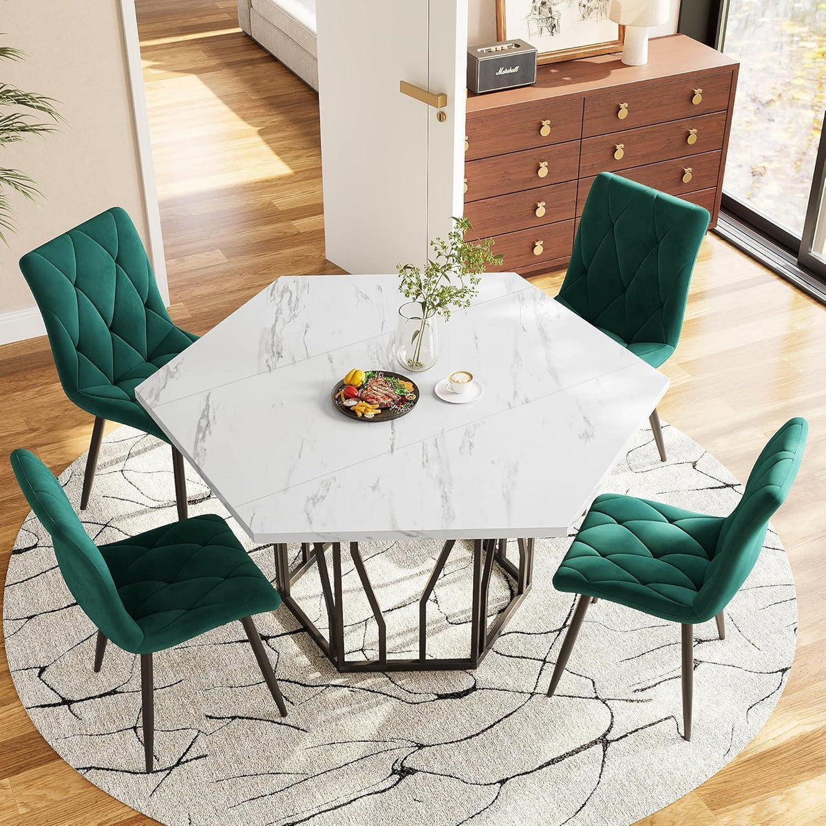 Sechseckiger Esstisch Set Grün Schwarz – 5-teilig, 115x100cm