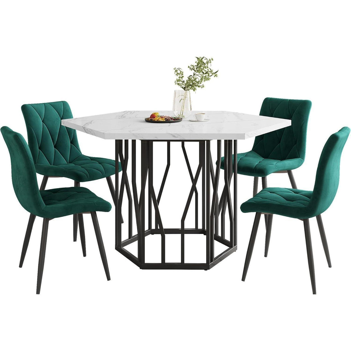 Sechseckiger Esstisch Set Grün Schwarz – 5-teilig, 115x100cm
