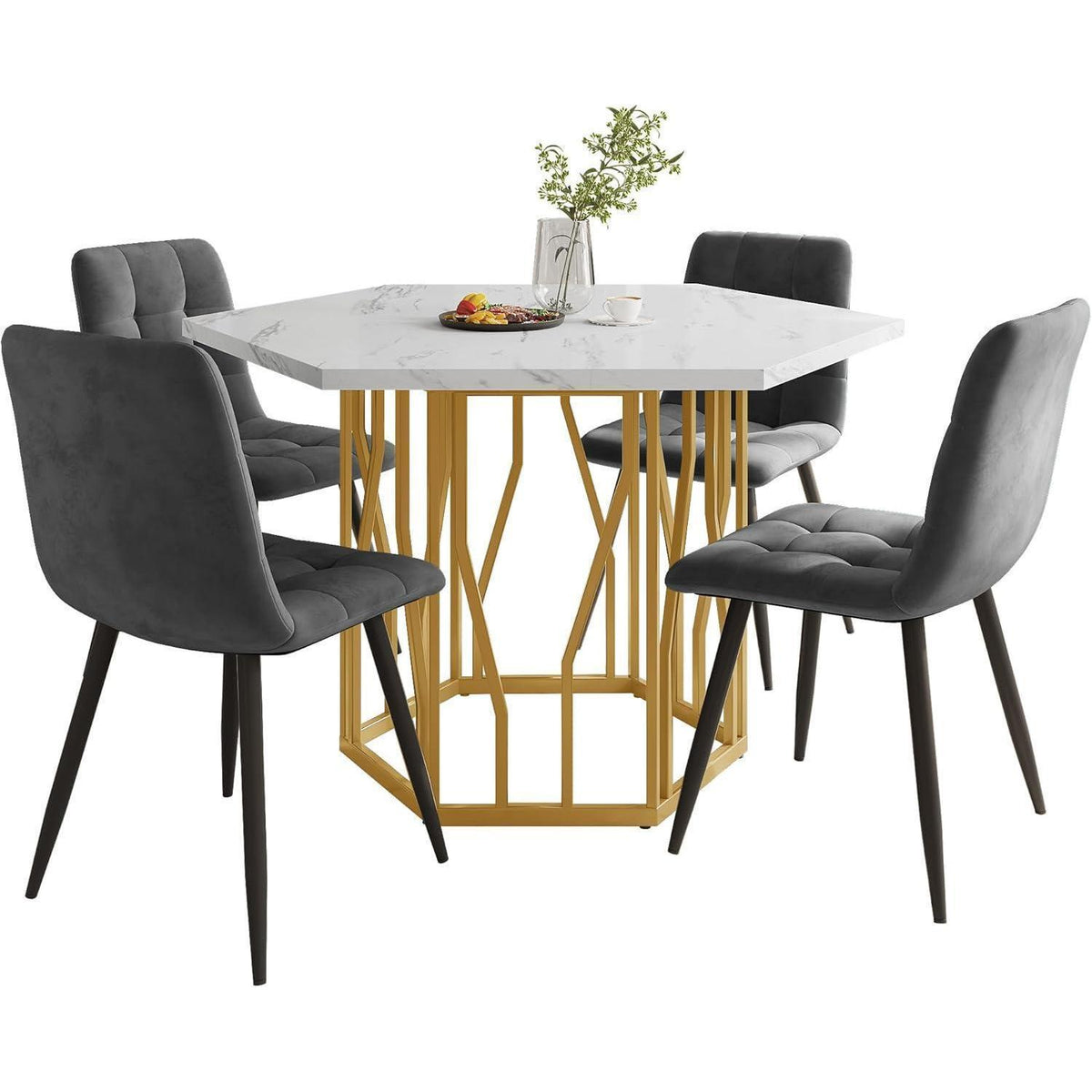 Sechseckiger Esstisch Set Grau & Gold – 5-teilig, 115x100cm