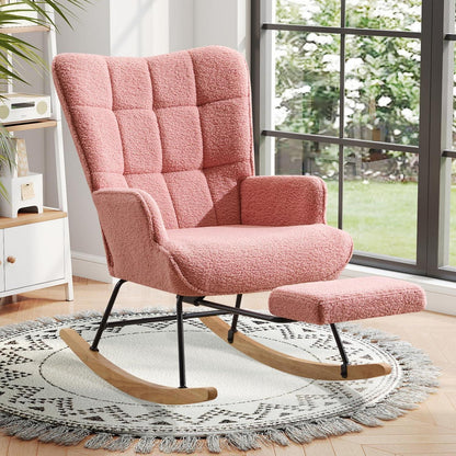 Schaukelstuhl mit Fußstütze – Rosa Relaxsessel mit Holzkufen