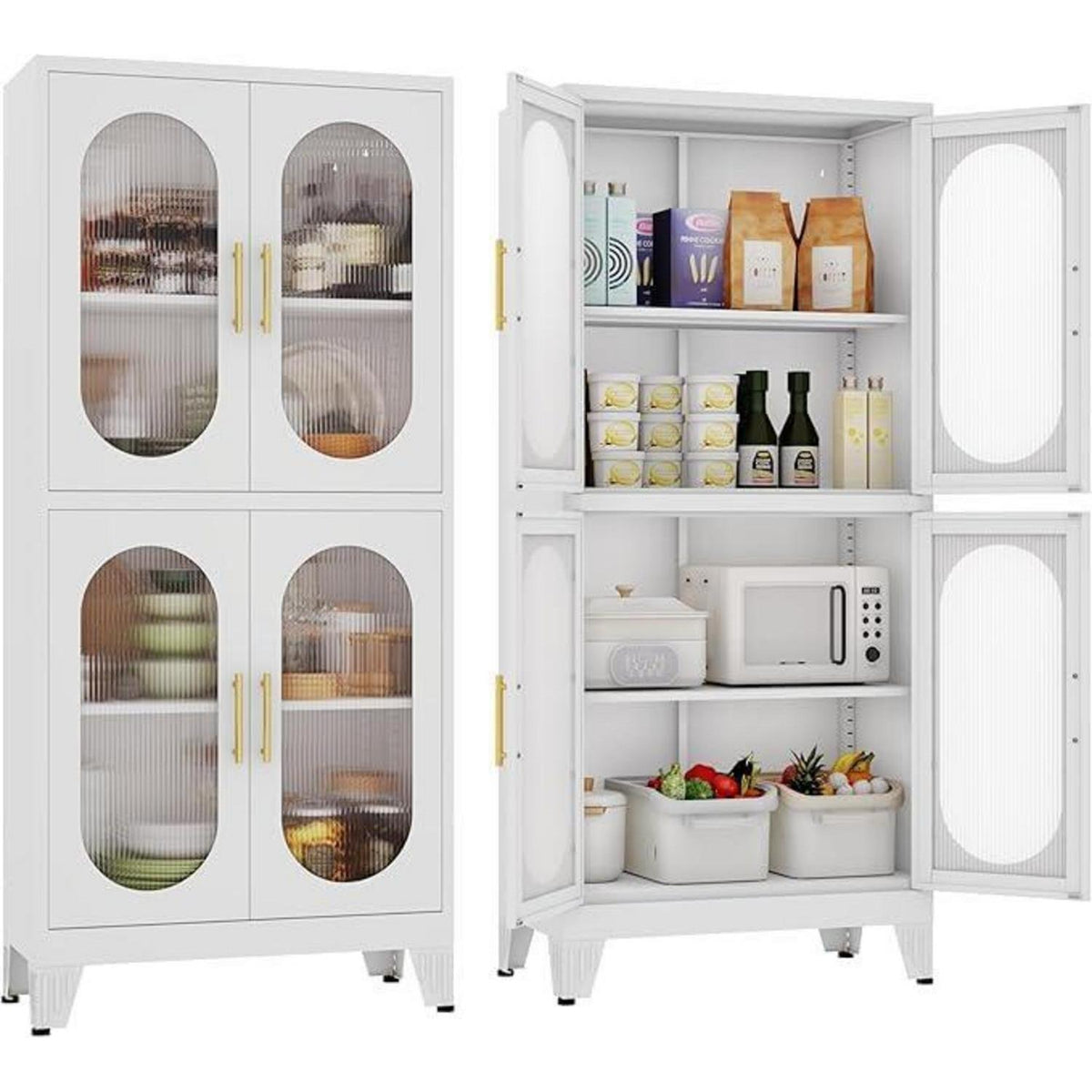 Metallküche Speisekammer Schrank mit Acrylglas & Regalen (Weiß)