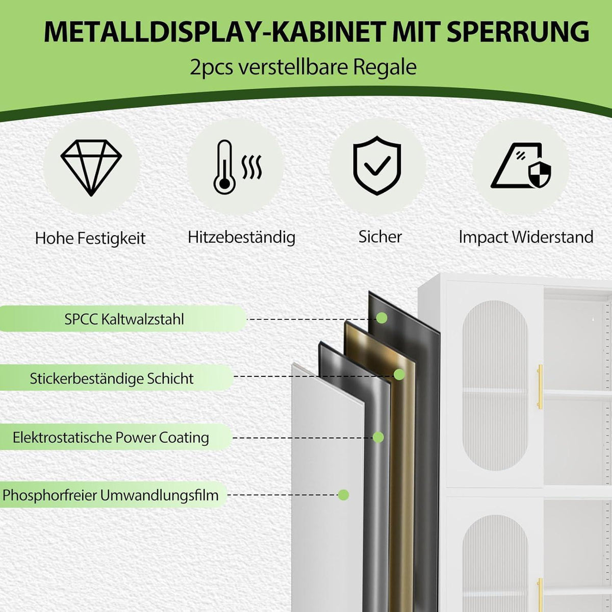 Metallküche Speisekammer Schrank mit Acrylglas & Regalen (Weiß)
