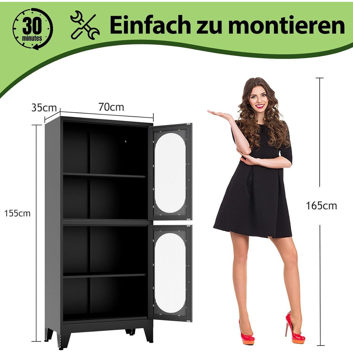 Metallküche Speisekammer Schrank mit Acrylglas & Regalen (Schwarz)