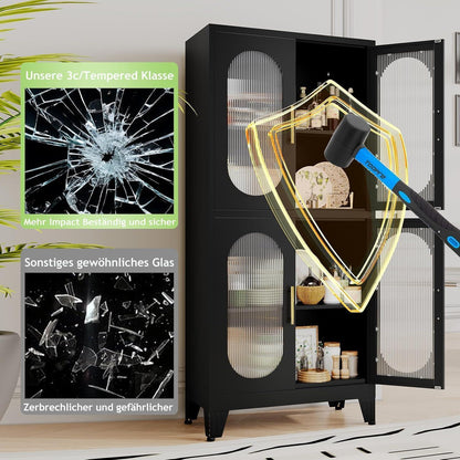 Metallküche Speisekammer Schrank mit Acrylglas & Regalen (Schwarz)