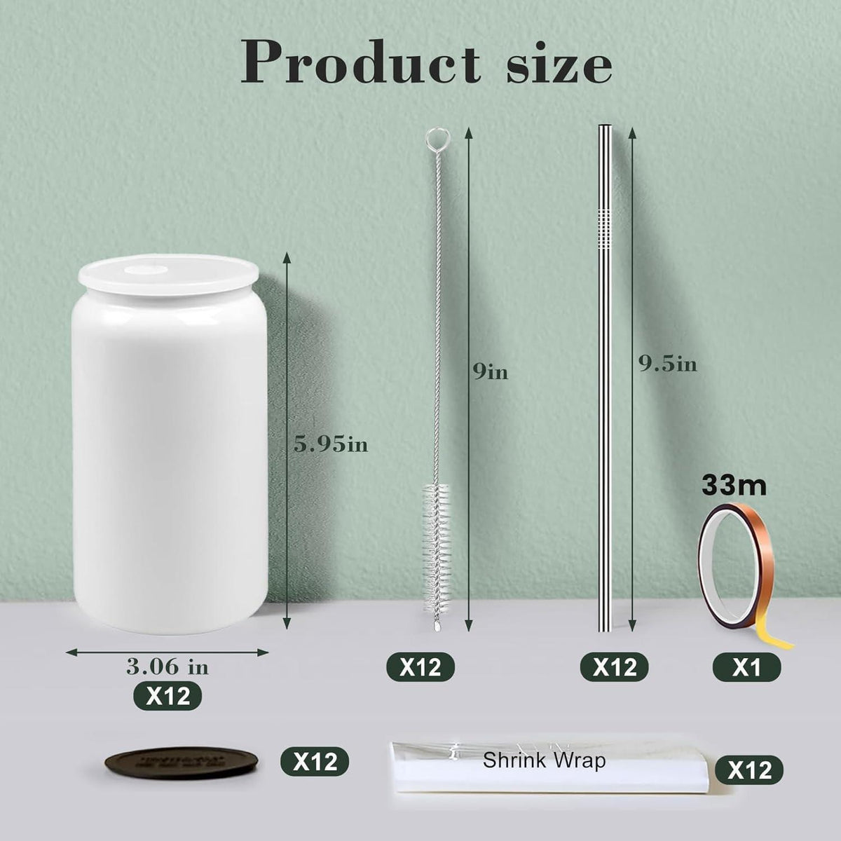 12x Sublimationsbecher 16oz mit Deckel & Strohhalm