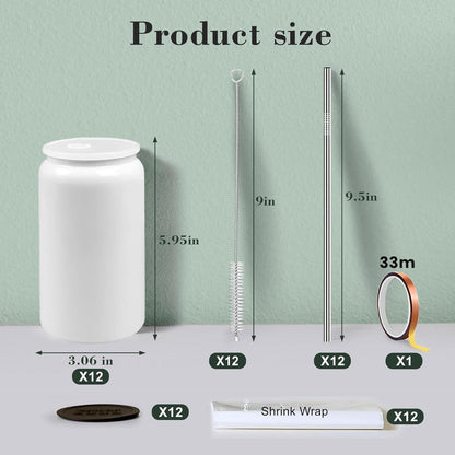 12x Sublimationsbecher 16oz mit Deckel & Strohhalm