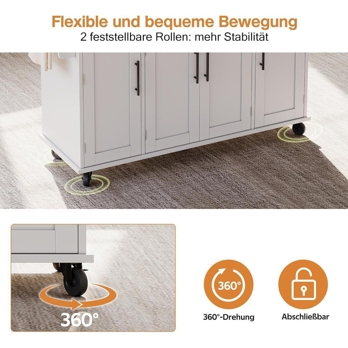 Bewegliche Kücheninsel mit Klappplatte & Schubladen Weiß