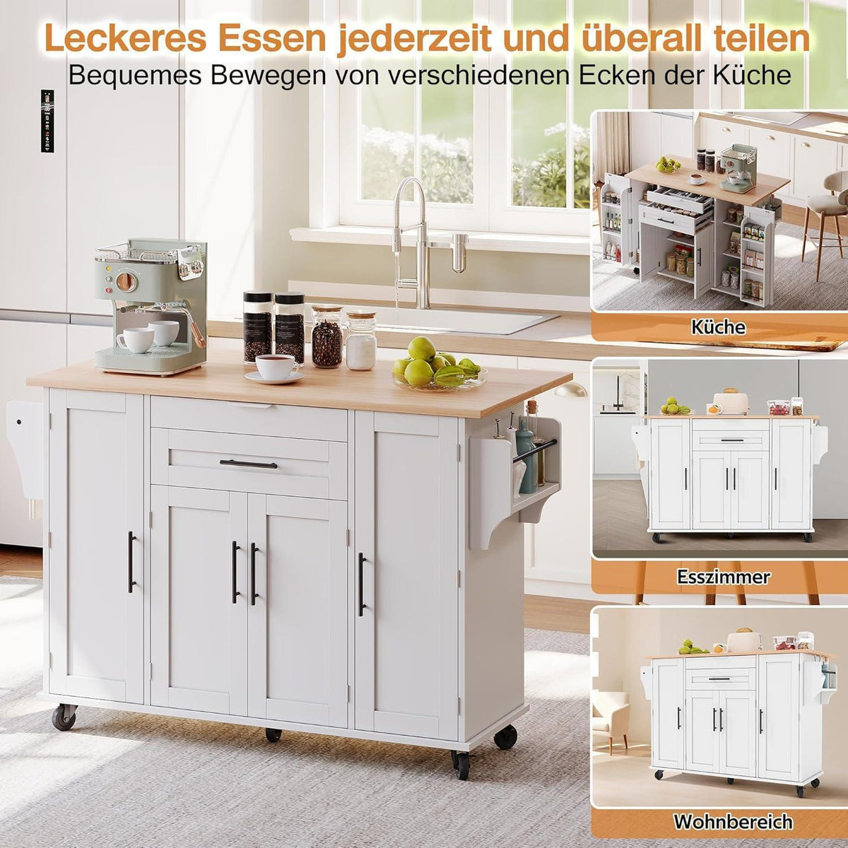Bewegliche Kücheninsel mit Klappplatte & Schubladen Weiß