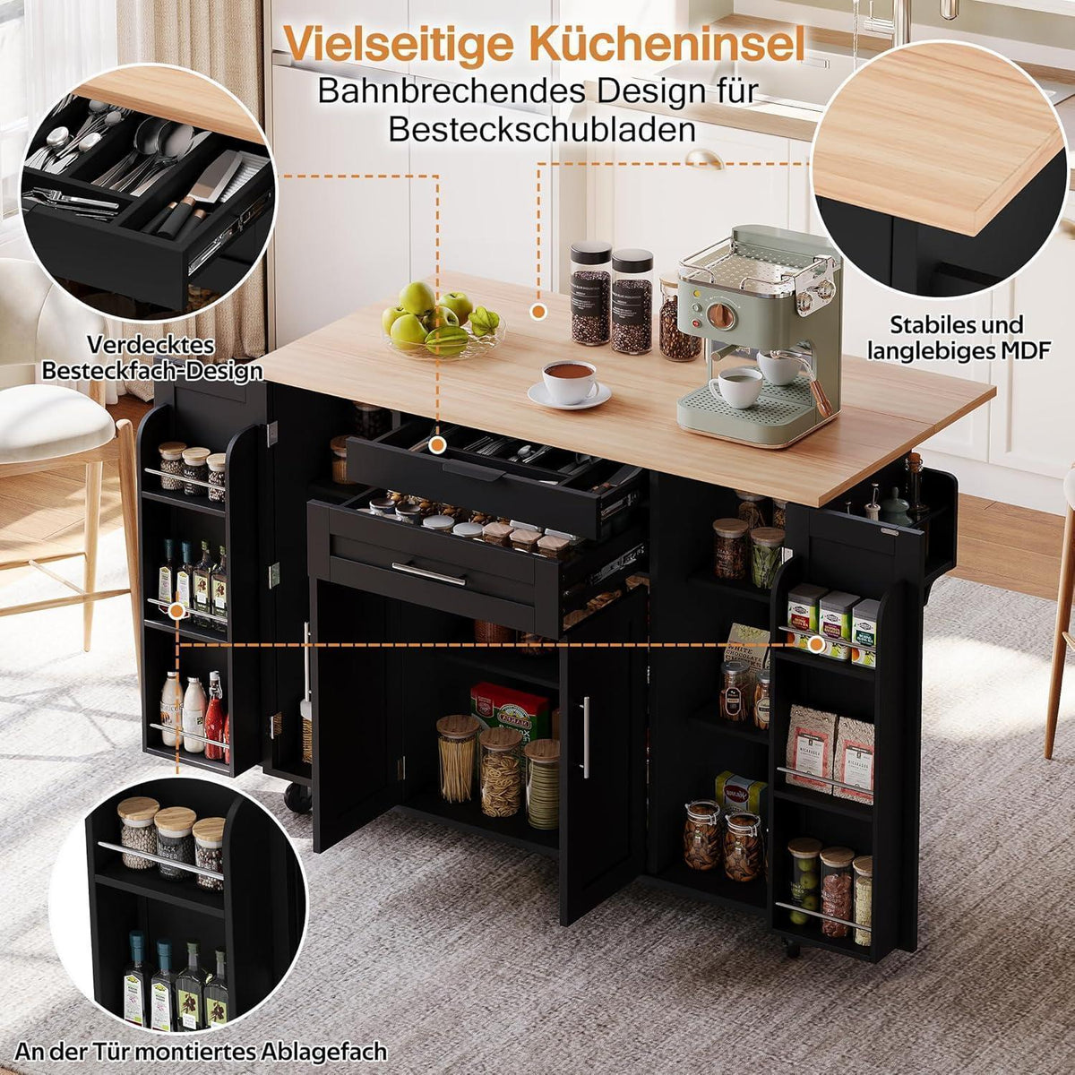 Beweglicher Küchenwagen mit Klappplatte & Schubladen