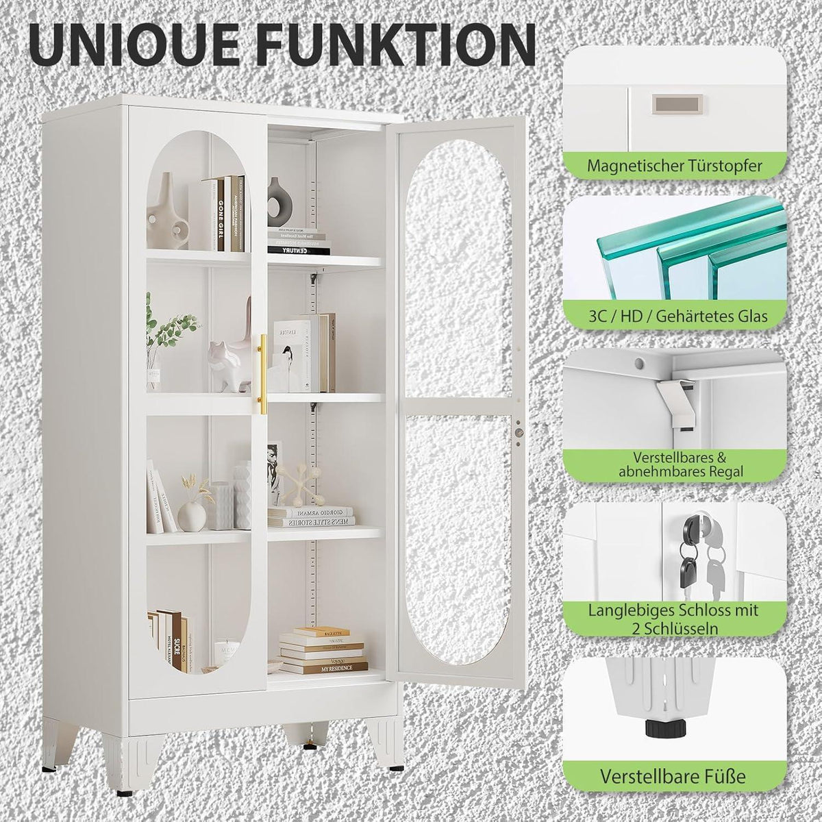 Schließbarer Vitrinen-Schrank 155cm – Glastür & Verstellbare Regale