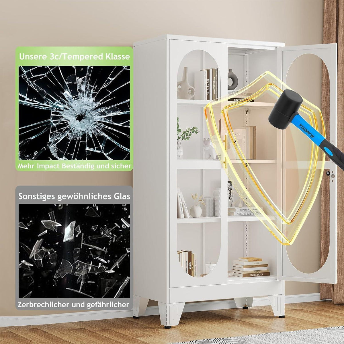 Schließbarer Vitrinen-Schrank 155cm – Glastür & Verstellbare Regale