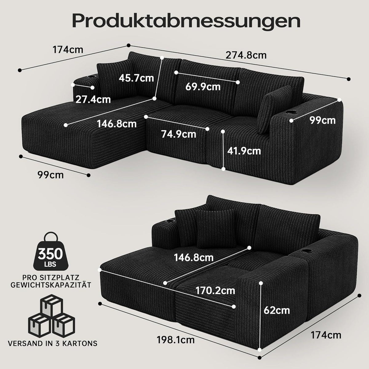 Modulares Cord Sofa mit Memory-Schaum & Getränkehalter – Ausziehbar