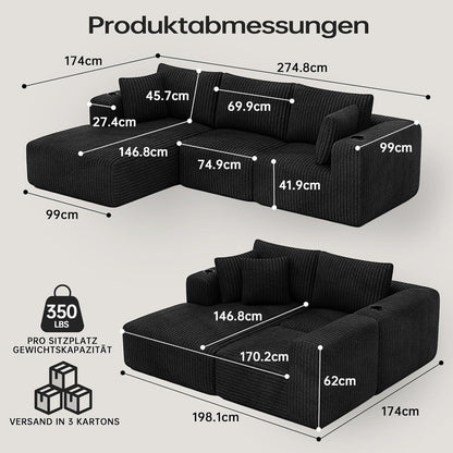 Modulares Cord Sofa mit Memory-Schaum & Getränkehalter – Ausziehbar