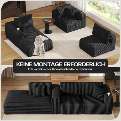 Modulares Cord Sofa mit Memory-Schaum & Getränkehalter – Ausziehbar