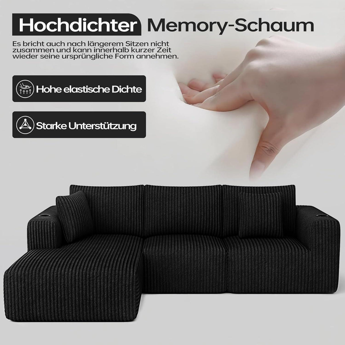 Modulares Cord Sofa mit Memory-Schaum & Getränkehalter – Ausziehbar