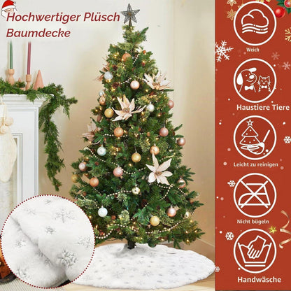 Weihnachtsbaumdecke Weiß Kunstfell 120 cm mit Schneeflocken & 50 Anhängern
