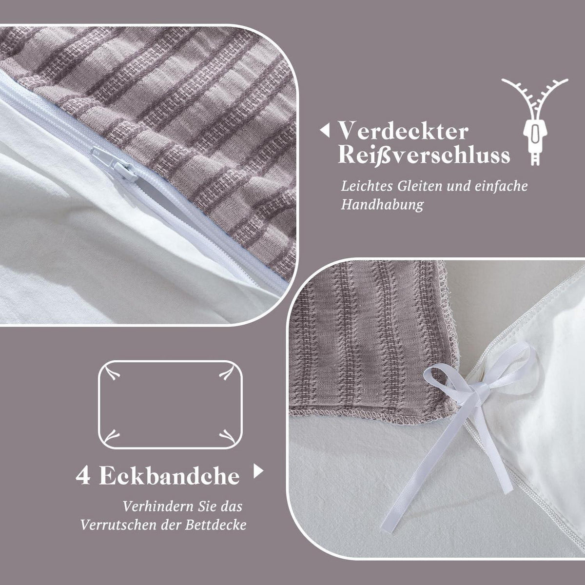 Bettwäsche-Set 135x200 Baumwolle Violett 4tlg. Jacquard & Stone Washed