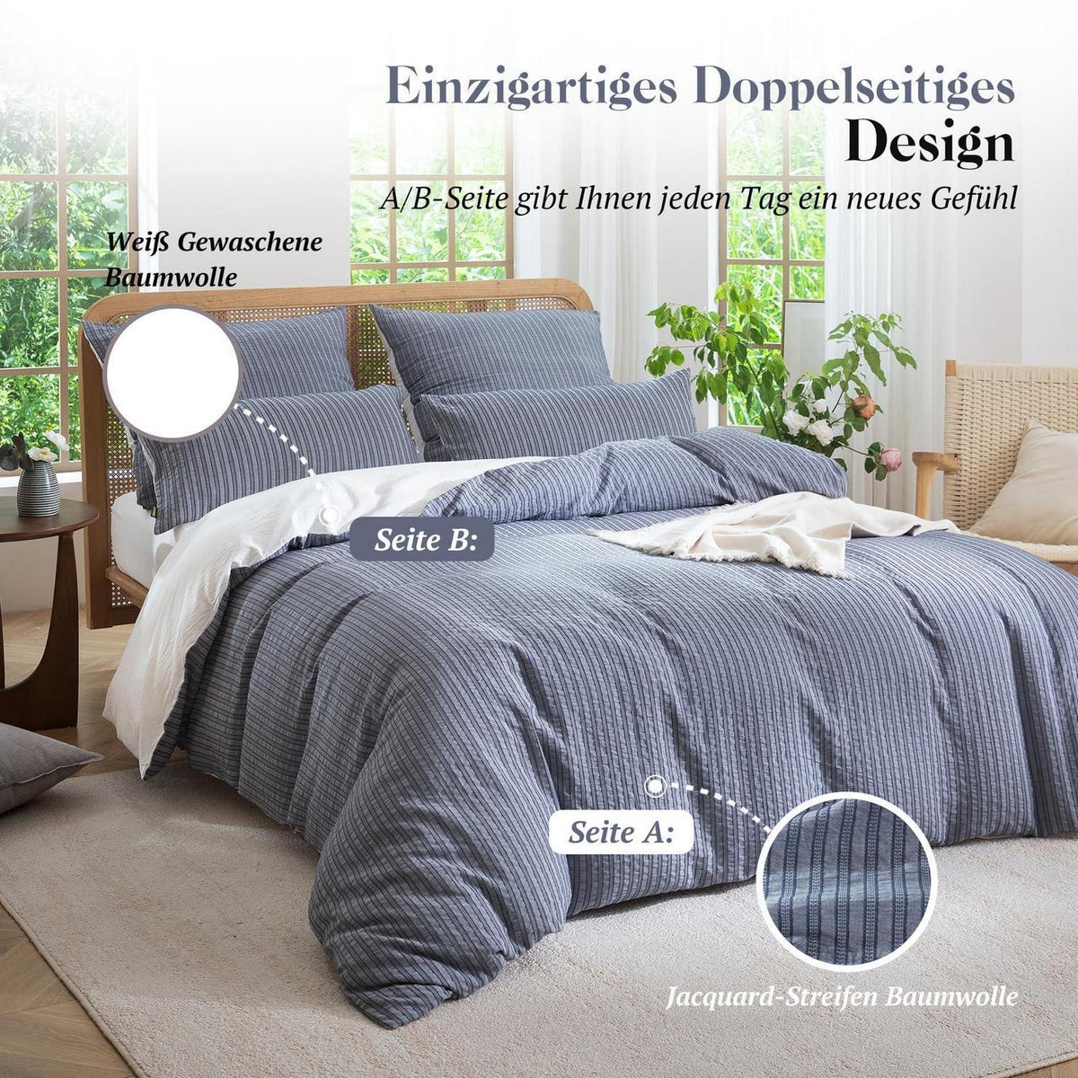 Bettwäsche-Set 135x200 Baumwolle Marineblau 4tlg. Jacquard & Stone Wash