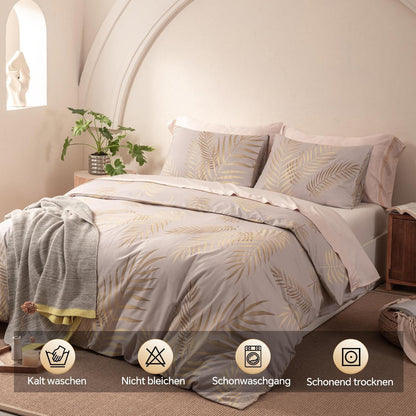 Mikrofaser Bettwäsche-Set 135x200 cm Beige Blätter-Beige 4tlg.