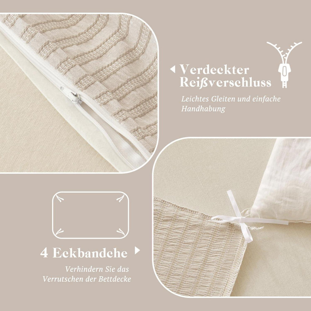 Bettwäsche-Set 135x200 Baumwolle Beige 4tlg. Jacquard & Stone Washed